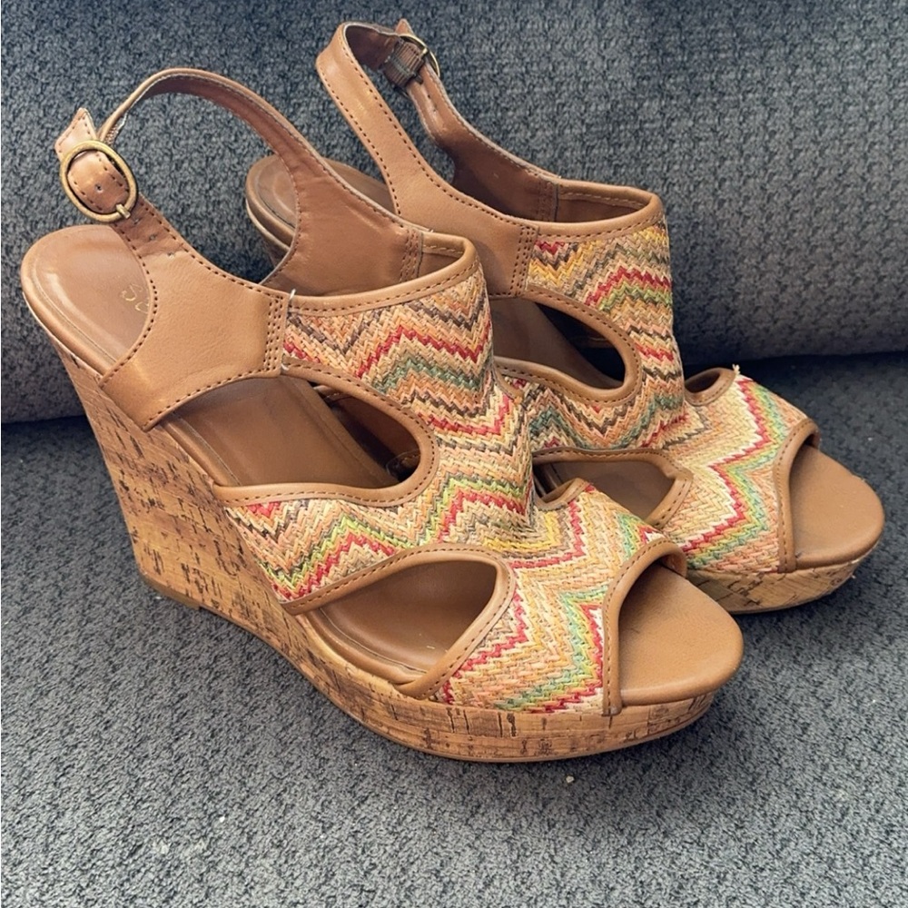 Tan and Brown Wedge Sandals with Zigzag Pattern